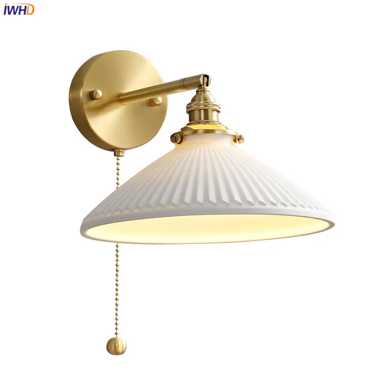 

IWHD Pull Chain Copper Wall Lamp Beisde Bedroom Bthroom Mirror Stair Light Ceramic Lampshade Nordic Modern Wandlamp Lighting