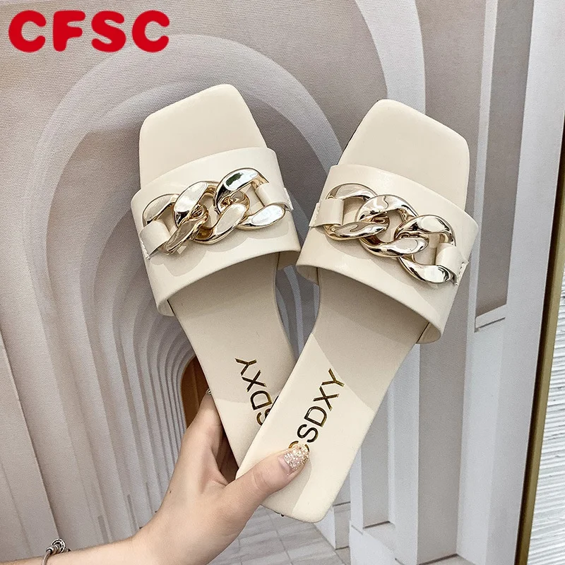 

Cute Big Size Women Summer Slipper Square Toe Chain Slippers Slip on Flat Slide Sandals Beach Flip Flops Casual Shoe Ladies