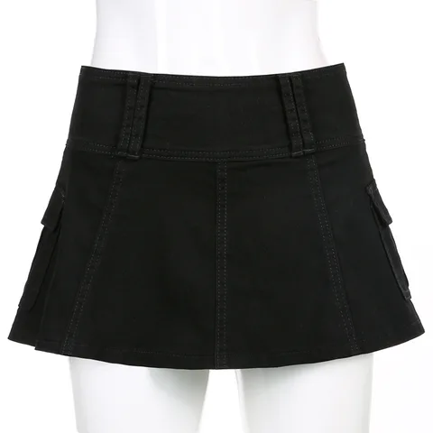 2000S пастельный Готик низкая талия черные микро юбки Y2K уличная Лоскутная юбка трапециевидной формы с карманами Эстетическая Одежда для девочек на молнии