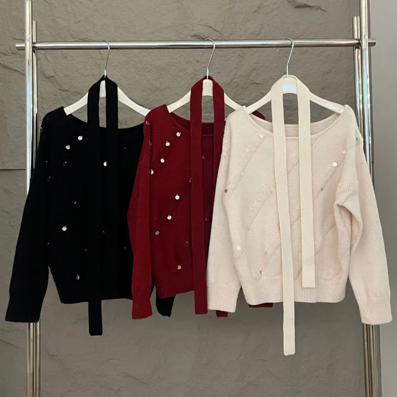 DEAT женский свитер с открытыми плечами и лямкой на шее свободный вязаный