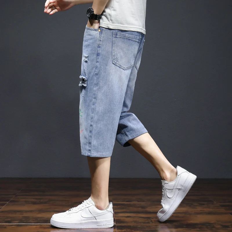 Summer New Men's  Cotton Ripped Denim Pants Casual Shorts Male Hole Calf-Length Jeans Youth Streetwear Straight Retro Trousers