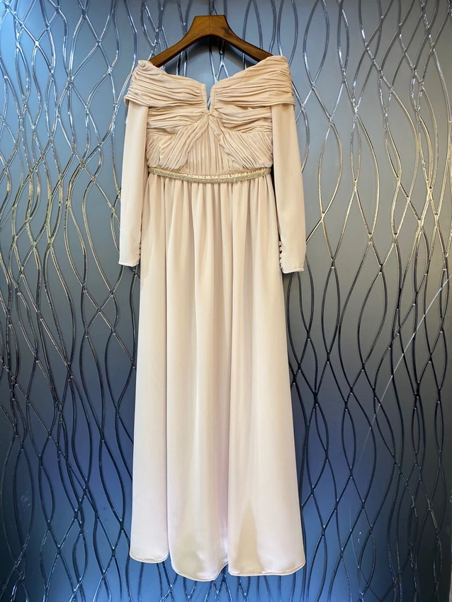 

2022 new women fashion long-sleeved one-word neck off-shoulder slim waist long skirt elegant dress 830
