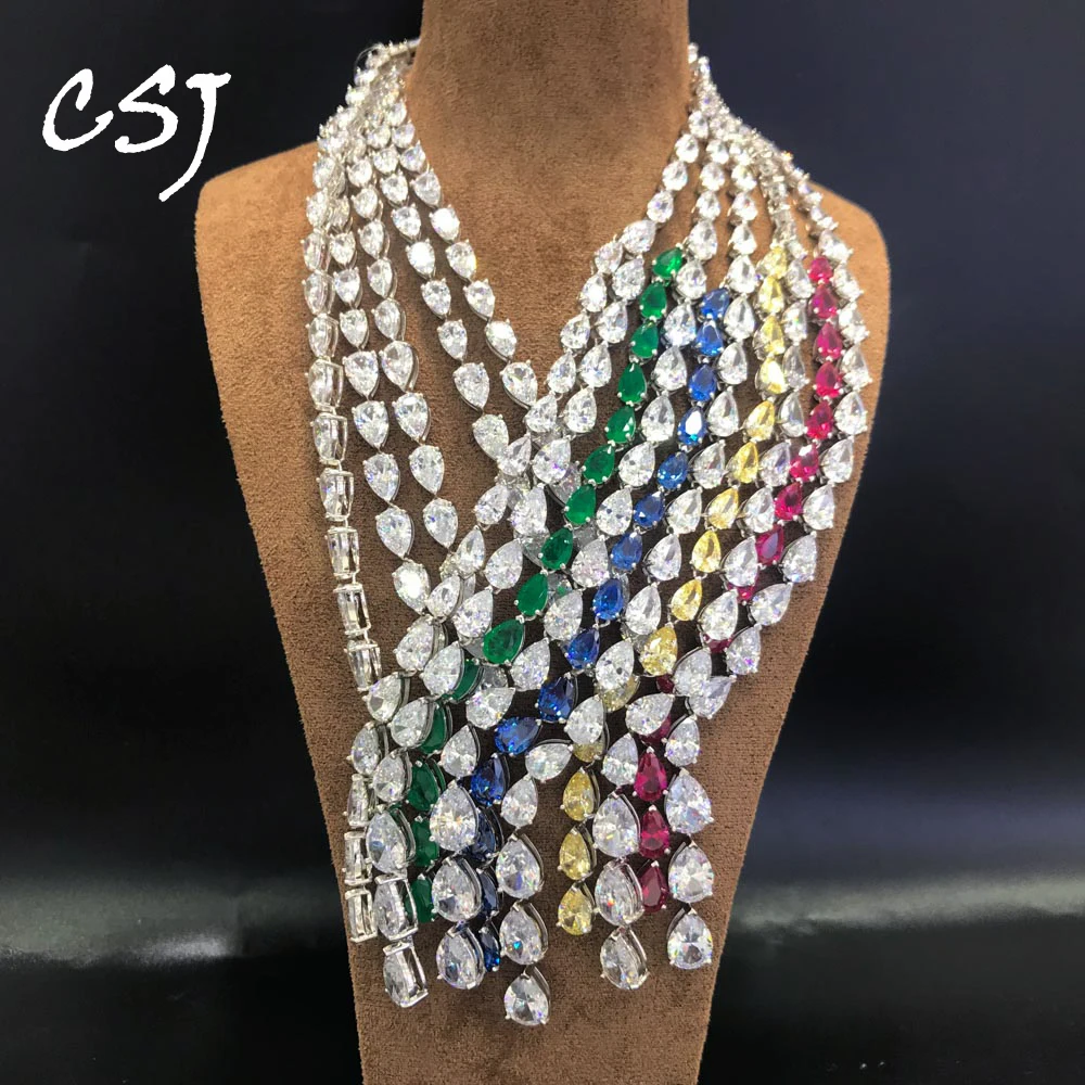 

CSJ Luxury Necklace Sterling 925 Silver Created Emerald Sapphire Ruby Moissanite Citrine Choker for Women Party Wedding Jewelry