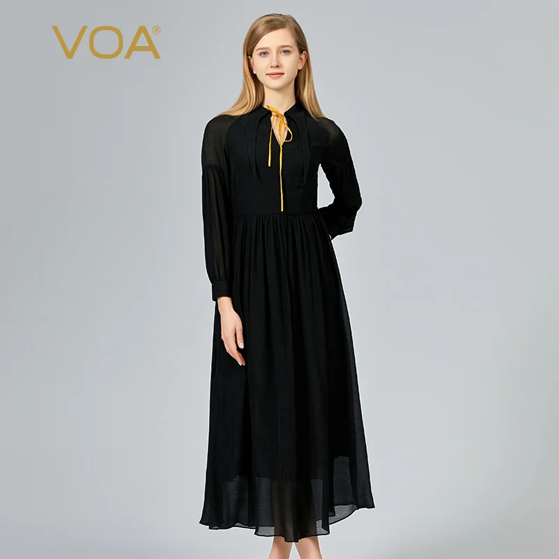 

VOA Jacquard Silk Lace-up V-Neck Three-dimensional Decorative Panel Georgette Long-sleeved Large Swing Silk Dress Dresses AE1309