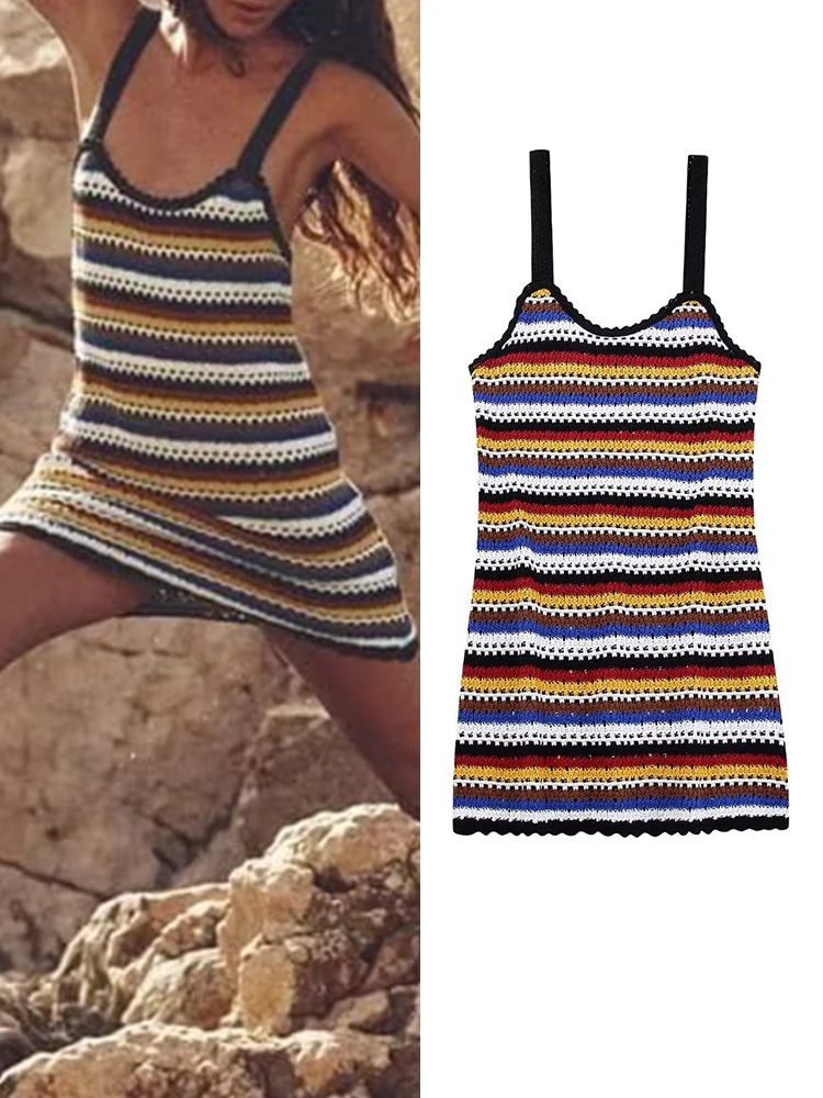 

TRAF Summer Women Crochet Striped Mini Dress 2023 New Casual Beach Style Female Round Neck Wide Straps Sleeveless Sheath Dress