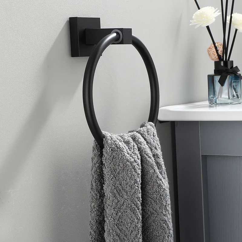 

Towel Ring Black Space Aluminum Punch-free Wall Mounted Bathing Towel Holder Hotel Hanging Holder Bathroom Accessories