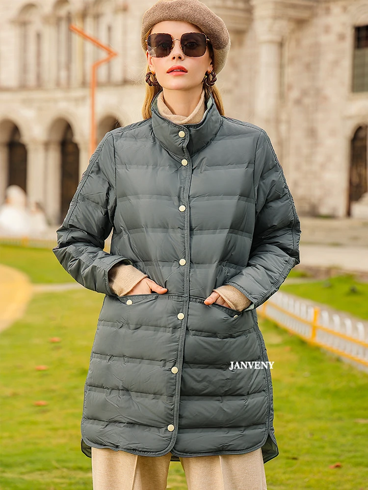 

Janveny 2022 New Winter Ultra Light Thin Women Puffer Jacket Long Fashion Loose Fit Seamless Embossed 90% White Duck Down Coat