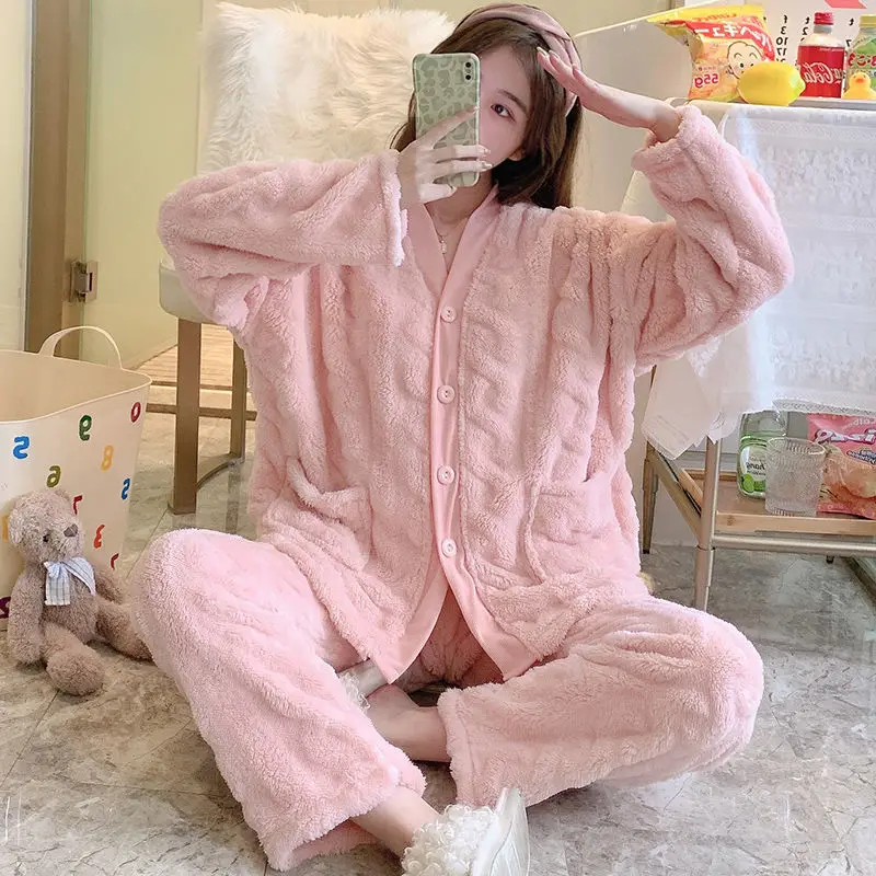 Pajamas Can Be Worn Externally, Casual Long Sleeve Suit, Winter Velvet Round Neck Loose Housewear, Women's Thickened Pajamas