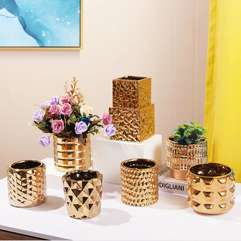 

Luxury gold plated ceramic flowerpots wholesale embossed geometric art desktop Nordic glazed indoor artificial flowers