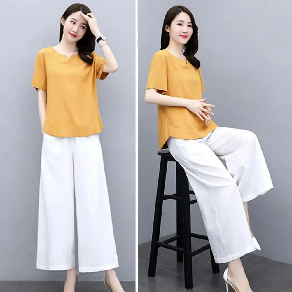 

2 Pcs/Set Women T-shirt Trousers Suit Trendy Soft Lady Top Pants Set Breathable Summer T-shirt Pants Set Women Garment