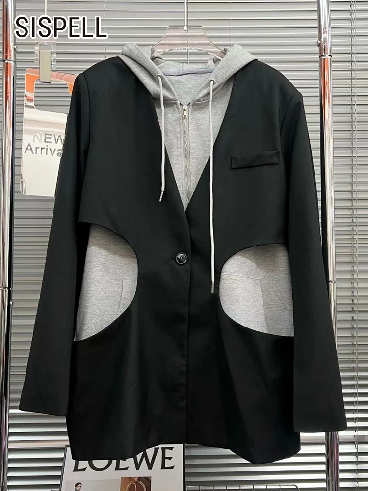 

SISPELL Casual Colorblock Blazer For Women Hooded Collar Long Sleeve Patchwork Fake Two Piece Blazers Female Fashion Clothes New
