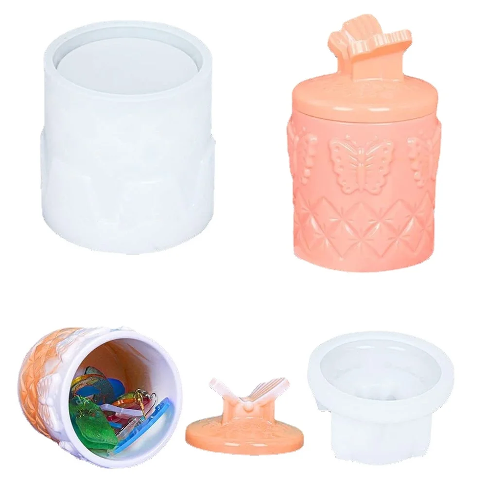 

Jewelry Box Resin Mold with Butterfly Handle Lid DIY Jewelry Storage Round Container Epoxy Resin Mold Trinket Jar Silicone Molds