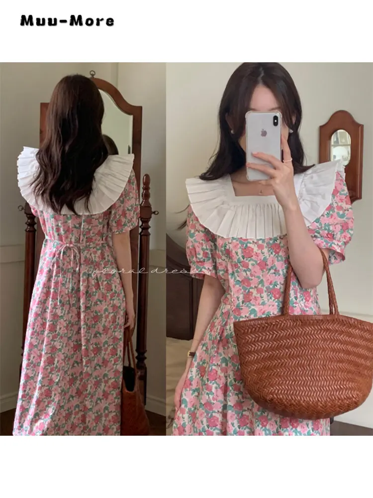 

2023 Summer Vintage Puff Sleeve Floral Print Mid-Calf Dresses Women's Elegant Classic Patchwork Lace-up A-Line Ladies Dress