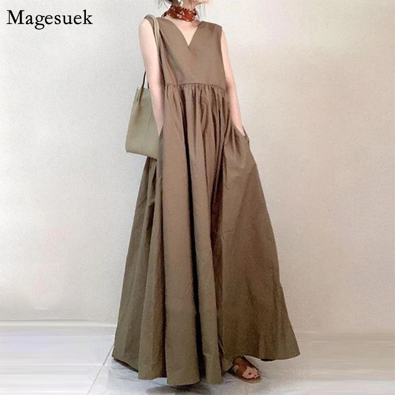 

Summer Loose Dress Woman Sleeveless Pleated Casual Dresses Women Korean V Neck A Line Solid High Waist Lady Dress Vestido 15818