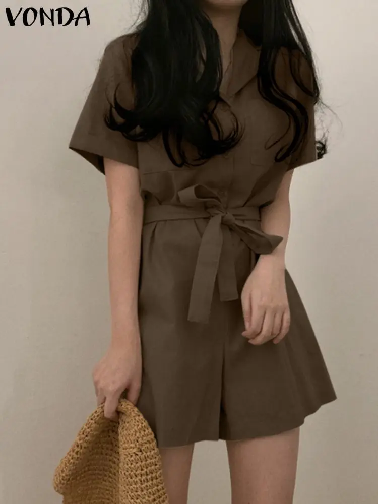 

VONDA Oversized Femme Loose Street Romper Women Short Pantalon Jumpsuits Wide Leg Pocket Playsuits Short Sleeve Button Overalls