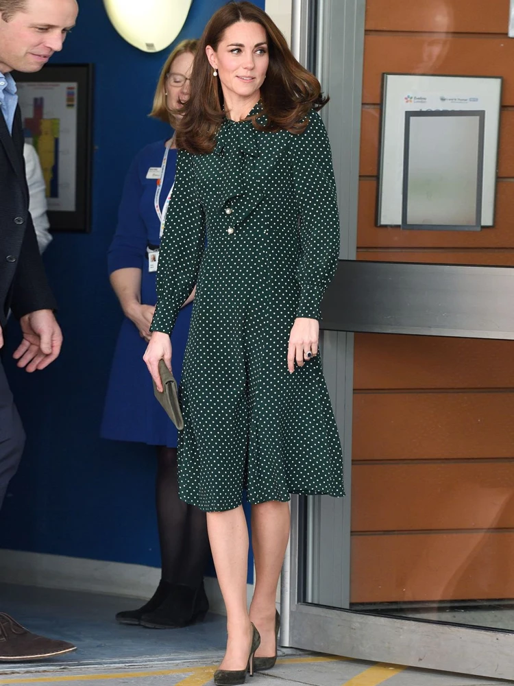 

Kate Princess Spring Autumn Women High Quality Vintage Elegant Patchwork Dot Print Party Casual Office Green Long Sleeve Dress