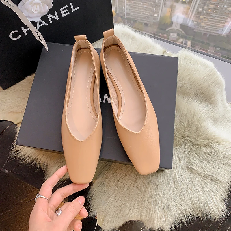 34-40 large size simple women's shoes cow leather square head low heel thick heel cow tendon sole women's shoes