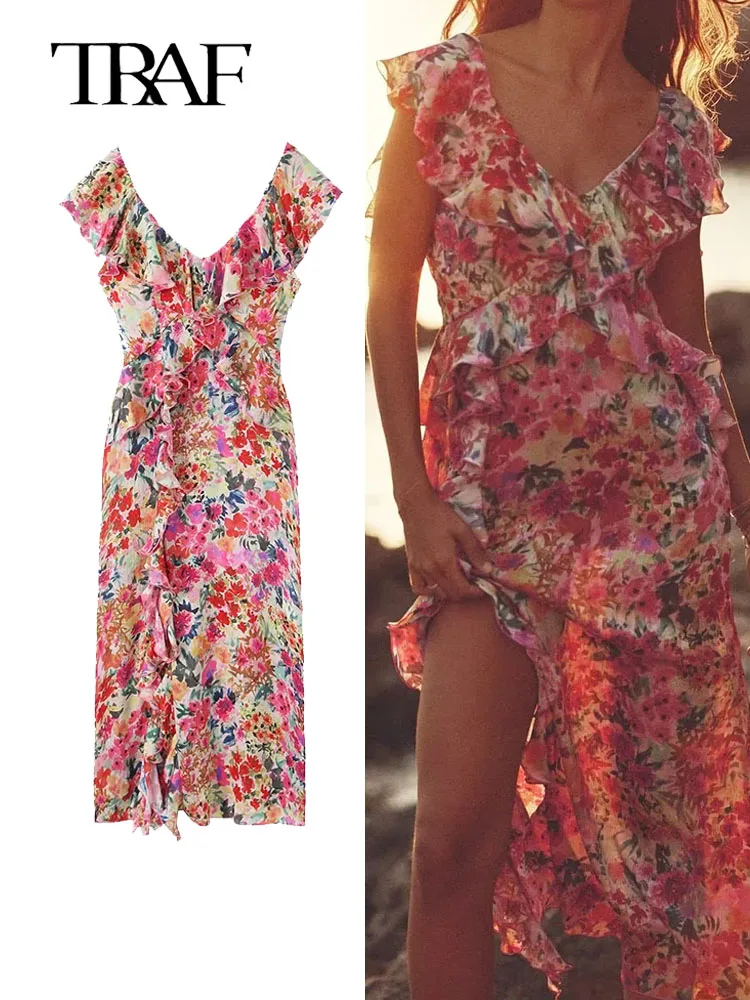 

TRAF Women Print Dress 2023 Summer Fashion Deep V-Neck Layered Lace Decoration Spaghetti Strap Sheath Long Dress