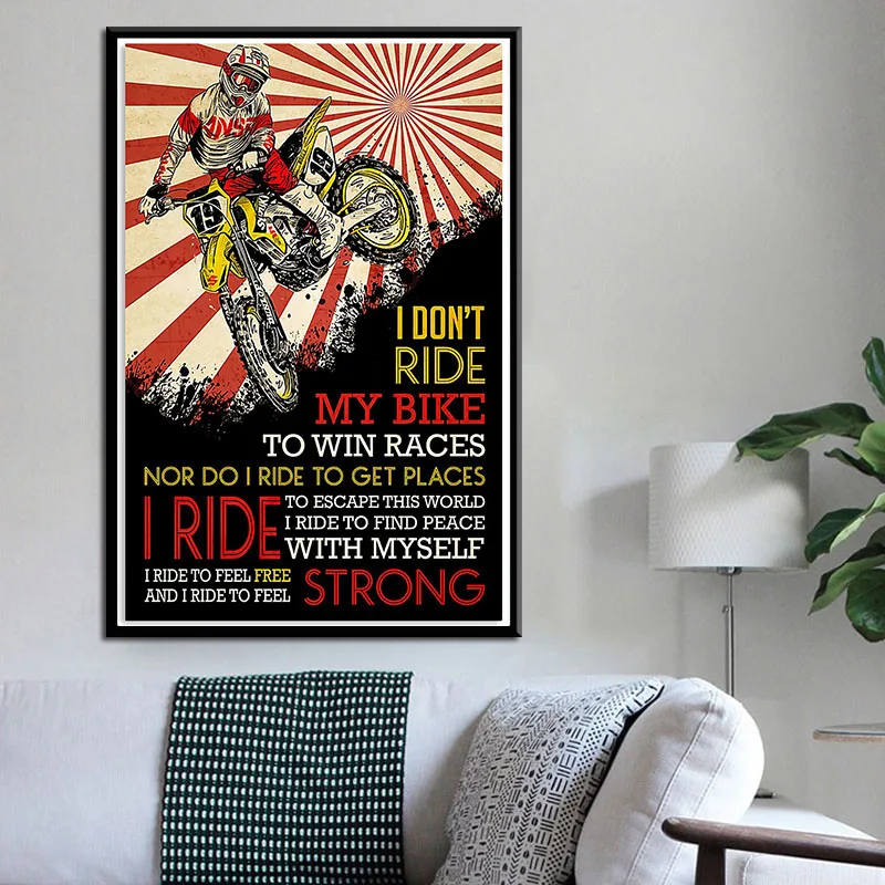 Racer Vintage Motorcycle Poster motocross starting i ride Inspirational Quotes Painting Wall Art Home Kawaii Room Decor Canvas