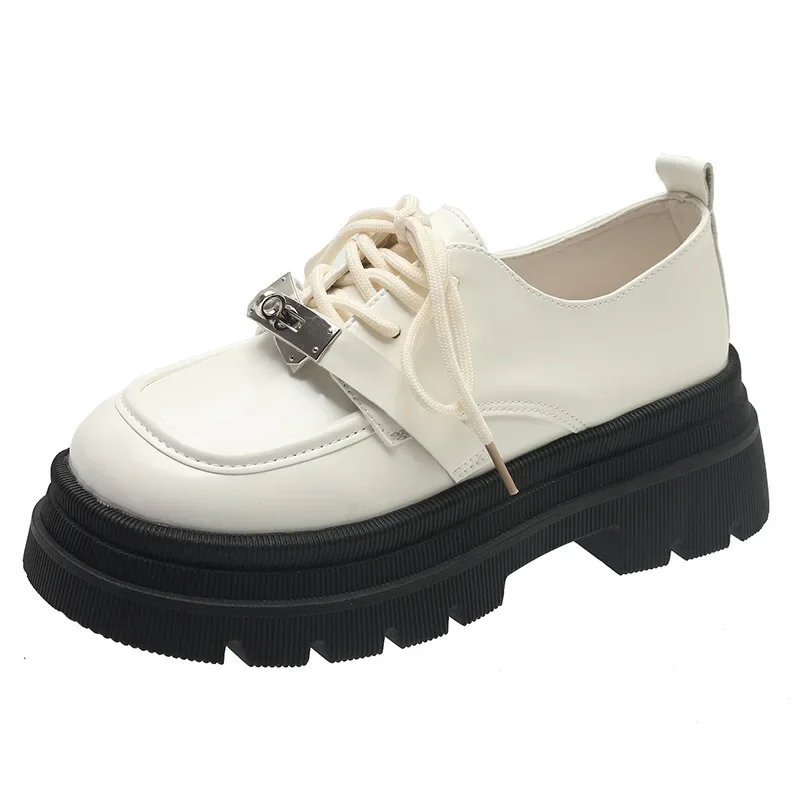 

Black Platform Loafers Women's Spring and Autumn New British College Style Leisure Leather Shoes Women Lace Up Thick Heels Shoes