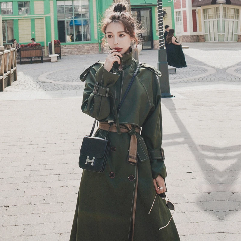 

Women's Mid-Length Military Green Fake Two-Piece Windbreaker Autumn 2022 Loose Temperament Hepburn Style Over-The-Knee Coat FX33