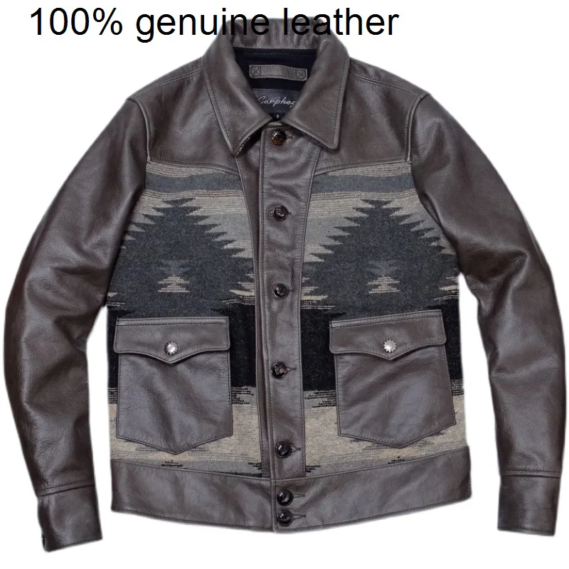 

US Men High vintage gray quality genuine leather Splicing jacket.Wholesales popular Batik cowhide coat.cheap.casual