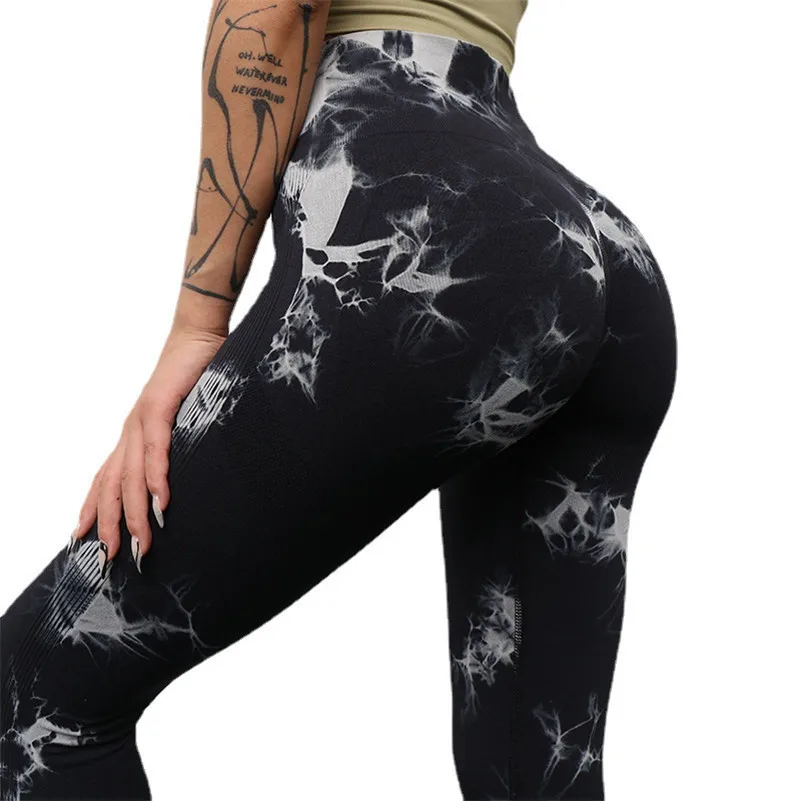 women's Seamless leggings bleach dyed quick yoga fitness pants women's high-waist hip-lifting abdominal sports running pants