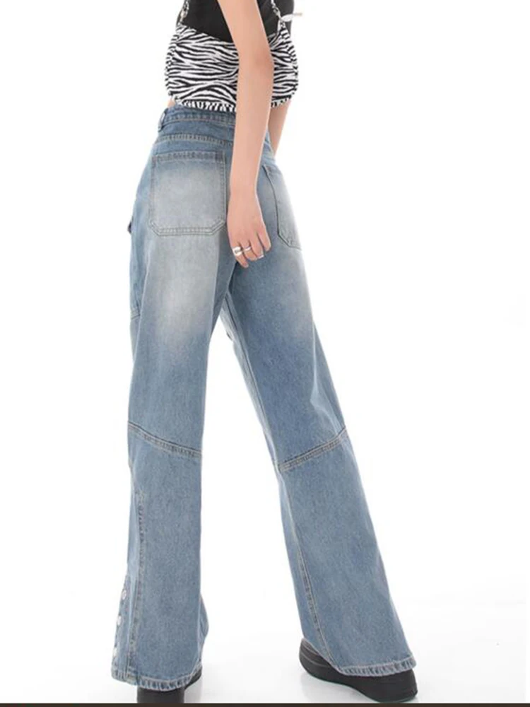 

High Waist Cargo Jeans Women Vintage Fashion Pocket Streetwear Wide Leg Denim Trouser Girls Fashion Straight Slit Jean Pants