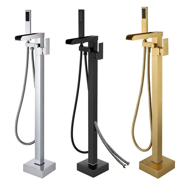 

Bathroom Bathtub Faucet Handheld Shower Free Standing Brushed Gold Luxury Black BathTub Mixer Taps Floor Mounted