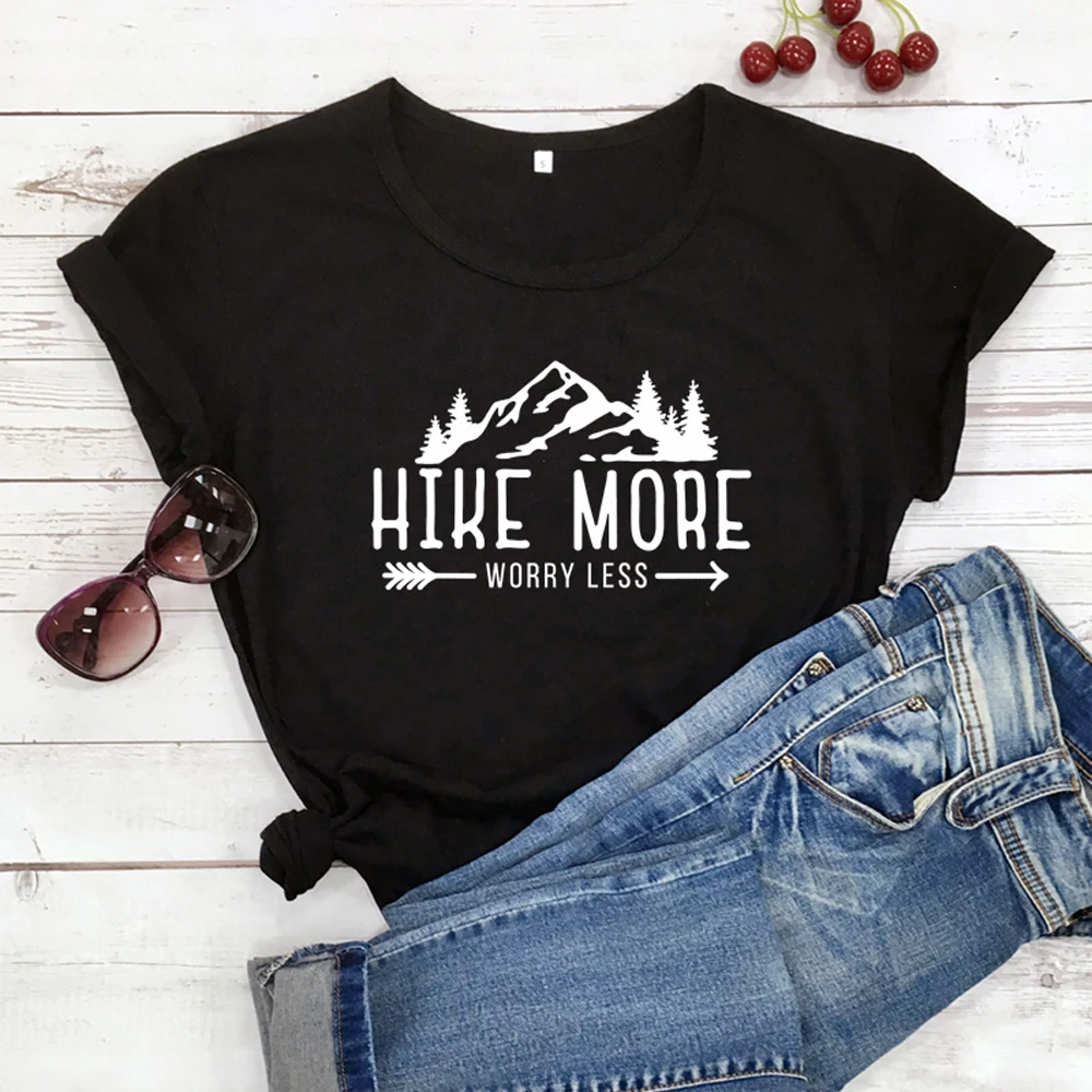 

Hike More Worry Less T-shirt Casual Unisex Graphic Hiking Outdoors Tees Tops Funny Women Summer Camping Tshirt Graphic tee-N144