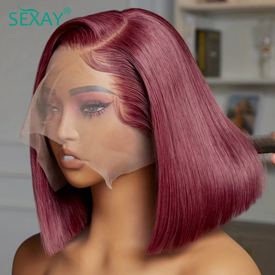 Burgundy 13x4 Short Bob Wig For Black Women Pre Plucked HD Transparent Lace Front Human Hair Wigs Reddish Blonde Turquoise Wigs
