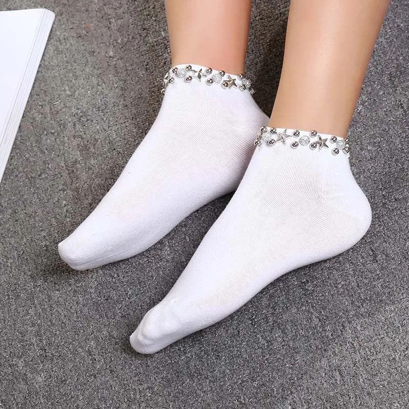 College Style Handmade Shiny Pearl Reto Socks Korean Princess Art Socks Women