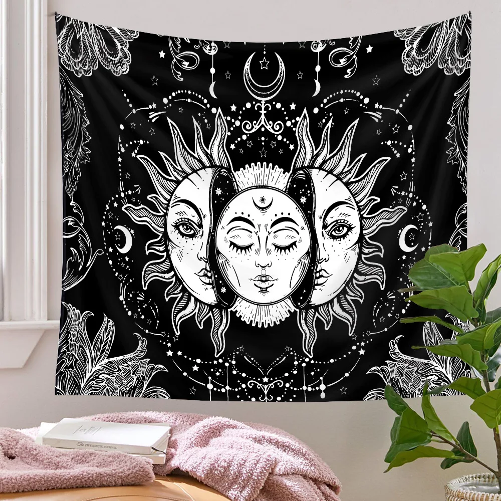 

Sun and Moon Tapestry Burning Sun with Stars Psychedelic Mystic Wall Hanging Tapestry Black and White Beach Blanket Home Decor
