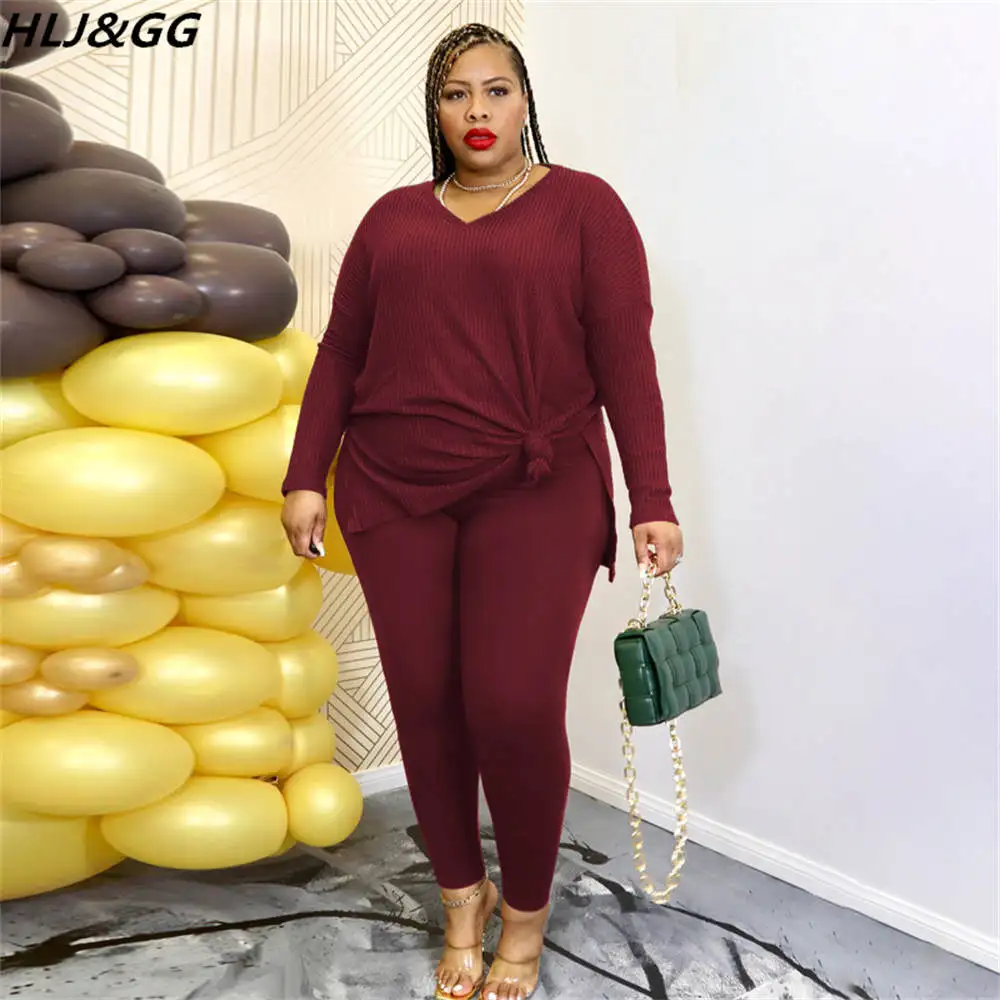 HLJ&GG Fall Winter Plus Size Tracksuits XL-5XL Women Round Neck Long Sleeve Side Slit Top And Skinny Pants Two Piece Sets Outfit