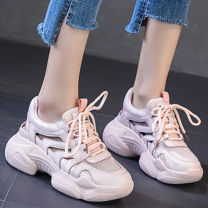 7cm Air Mesh Genuine Leather Women Summer Side Hollowing Soft Sole Platform Wedge Sandals Fashion Chunky Ladies Sneakers Shoes