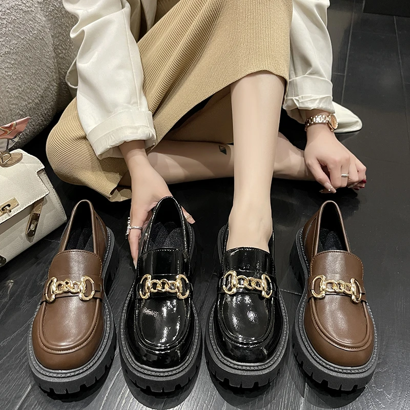

Thick Soled Women's Shoes Autumn 2022 Lefu Shoes Soft Soled Bright Surface with Metal Buckle British Style Women's Shoes Pumps