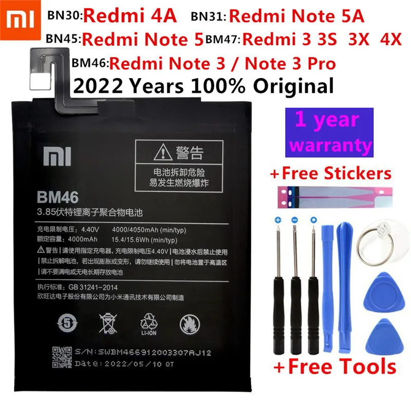

Xiao Mi Original Battery For Xiaomi Redmi 3 3S 3X 4X 3 pro Note 3 5 5A 4A Pro Mi 5X BM46 BM47 BN30 BN31 BN45 Replacement Battery