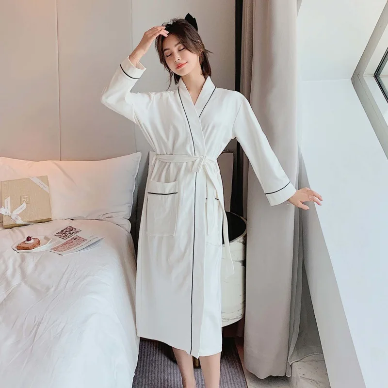 Couple's Nightgown Long Sleeve Pure Cotton Simple Solid Color Girls Comfortable Loose Men's Medium Length Pajamas Bathrobe