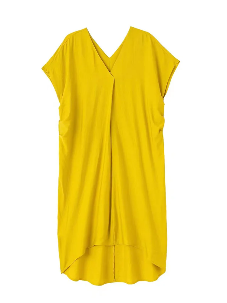 

YLJHQX 2022 Summer Women Fashion Yellow Linen Dress Casual Loose Sleeveless V-Neck Pleated Decor Female Midi Dress