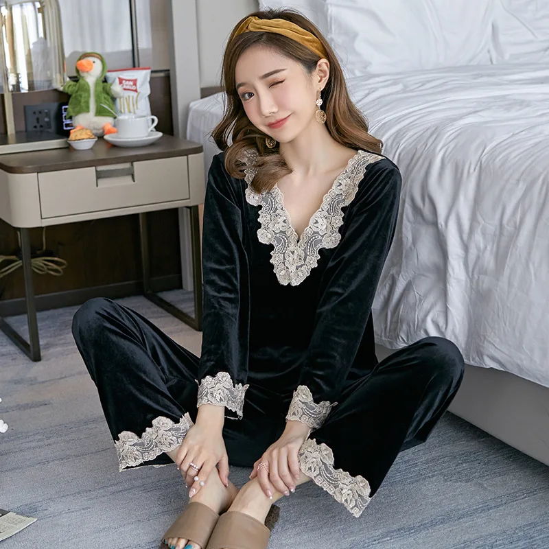 

Female Black Velour Pajamas Set Autumn Winter Velvet Sleepwear 2PCS Trouser Suits Nightwear Loose Sexy Lace Homewear Lounge Wear