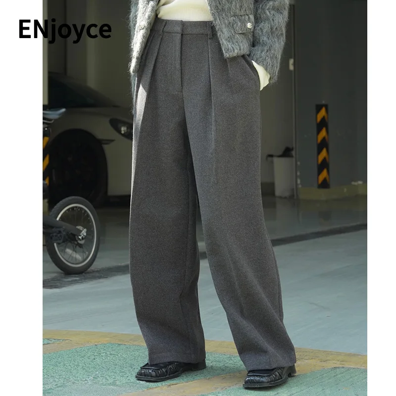 2022 Winter Women Vintage Grey Thicken Wide Leg Suit Pants Office Lady High Waist Loose Pants Fashion Straight Trousers