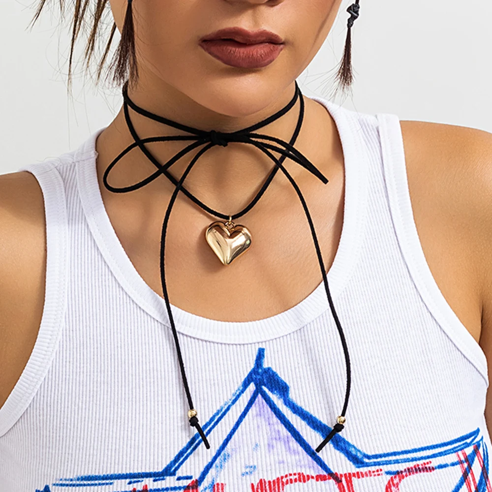 

IngeSight.Z Simple Metal Love Heart Pendant Necklace for Women Punk Black Korean Velvet Rope Bow-knot Clavicle Chain Necklace