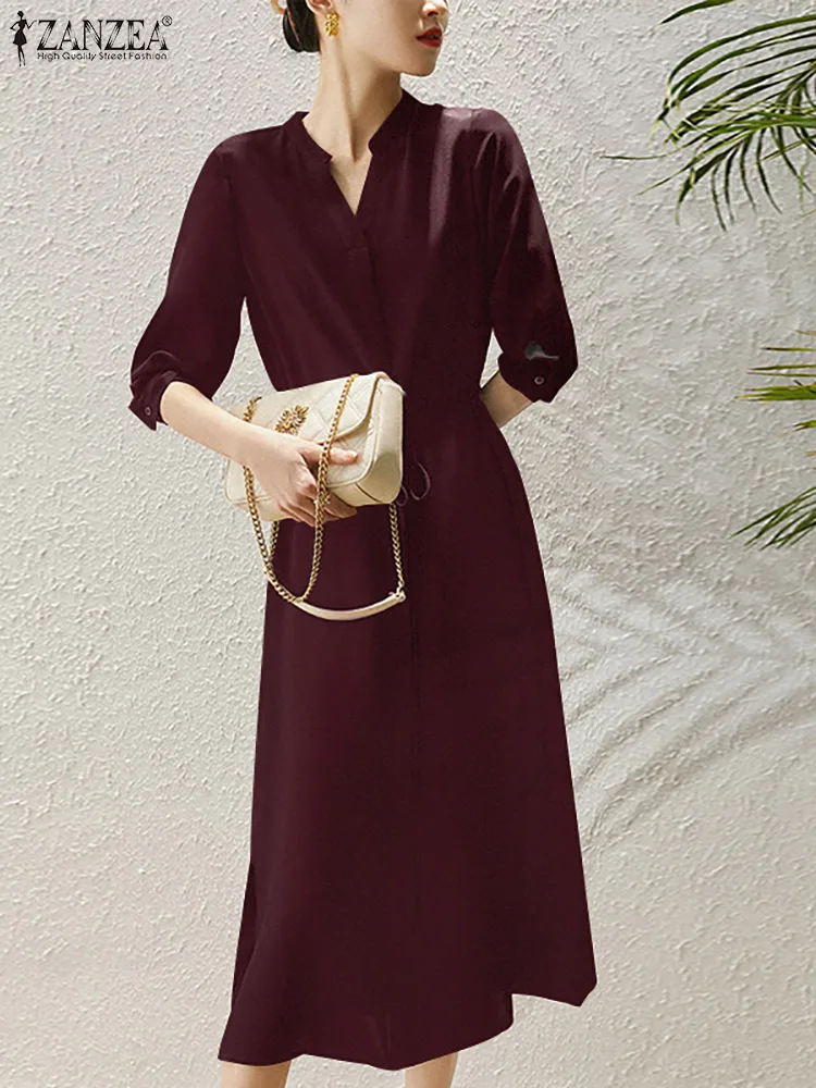 

Платье ZANAEA до середины икры с разрезом на подоле, однотонное платье, осенние женские платья с рукавом 3/4 и V-образным вырезом, Элегантное повс...