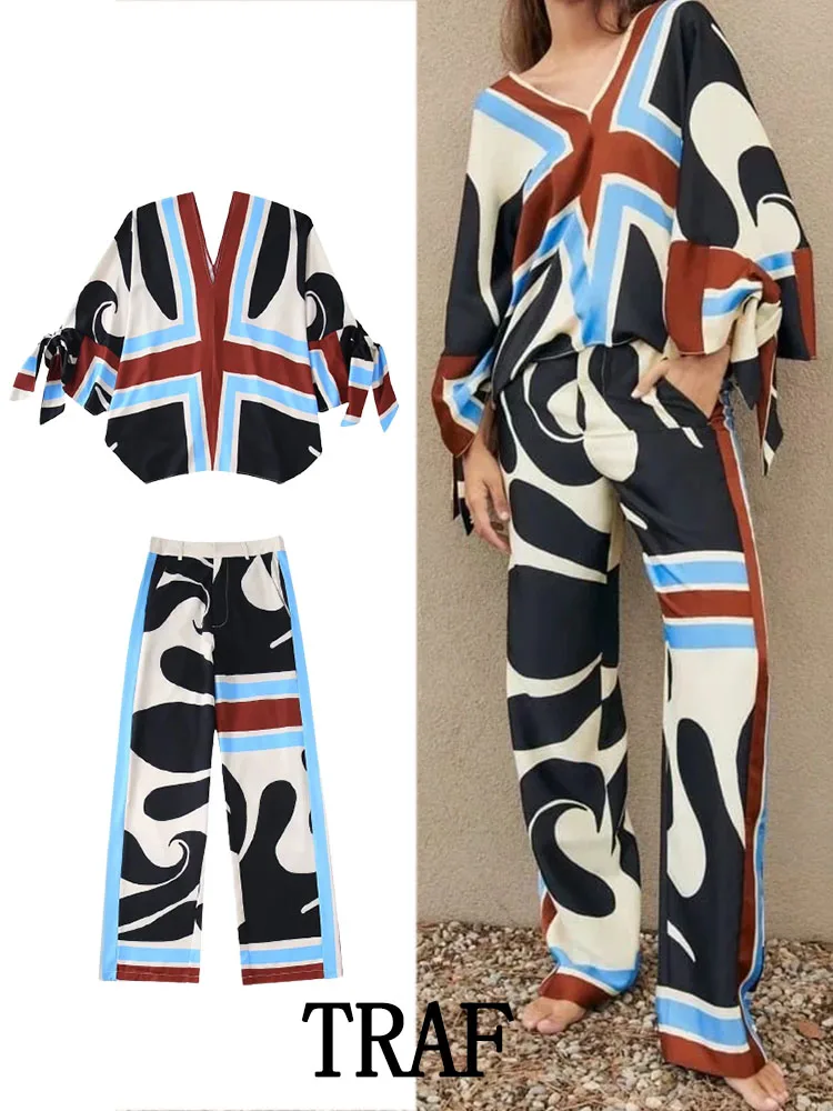 

TRAF ZA ree 2022 Summer Women 2 Pieces Suit Blouses Pants Sets Fashion Printed Blouse With Bow +Wide Leg Pants Femal Sets