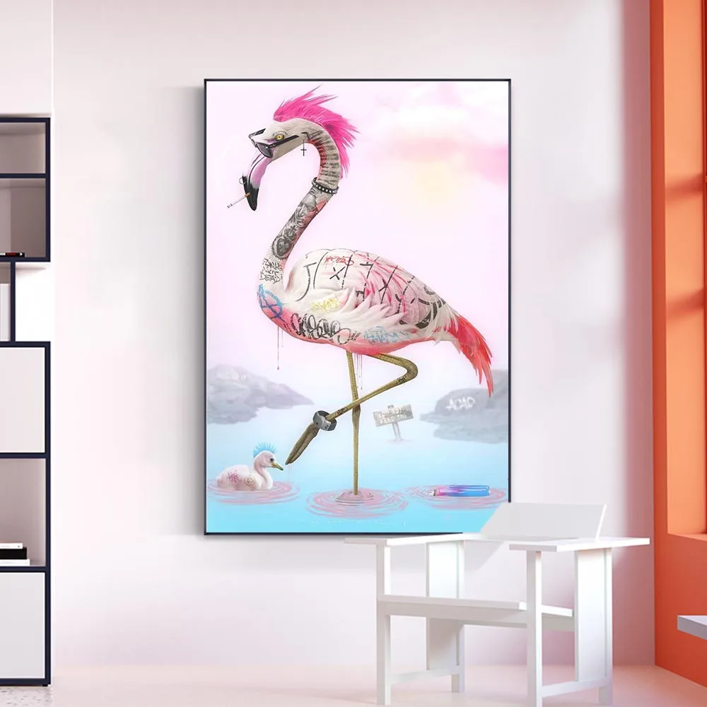 

Cartoon Punk Flamingo Canvas Painting Funny Animal Poster and Print Nordic Wall Art Pictures For Living Room Hoom Decor Mural