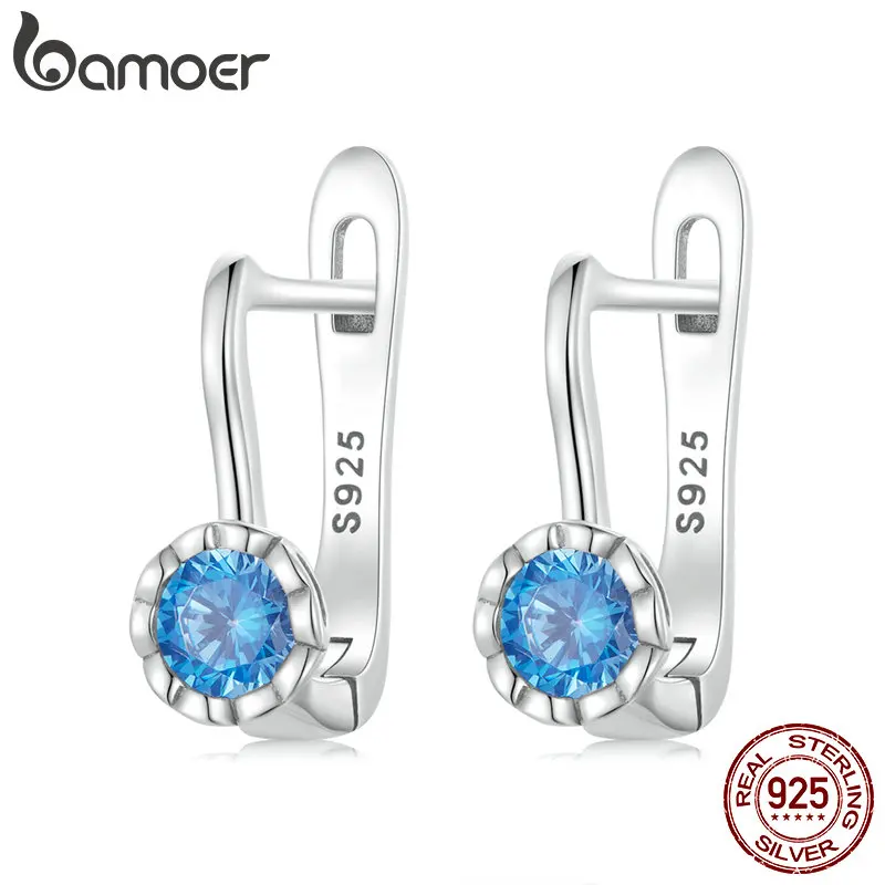 Bamoer 925 Sterling Silver Simple Shiny Blue Zircon Ear Buckles for Women Fine Jewlry Luxury Wedding Gift Stud Earrings BSE686
