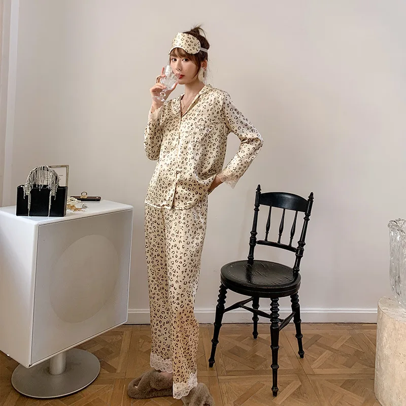 FALLINLAOE Leopard Print Women Pajama Set Ice Silk Soft Touch Spring and Autumn Long Sleeve Suit Pyjamas