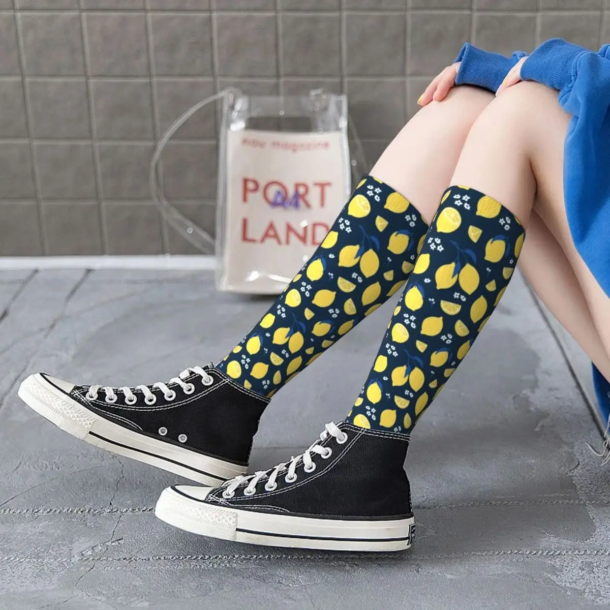 

Yellow Fruit Print Socks Lemon Pattern Soft Urban Mid Stockings Large Chemical Fiber Teen Spring Socks