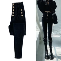 spring new double pocket metal button temperament celebrity high waist elastic pencil bottomed jeans
