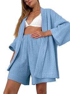 Women s 3 4 Sleeve Pajama Set with Matching Shorts and Belt - Comfortable Loungewear for Sleep and Relaxation